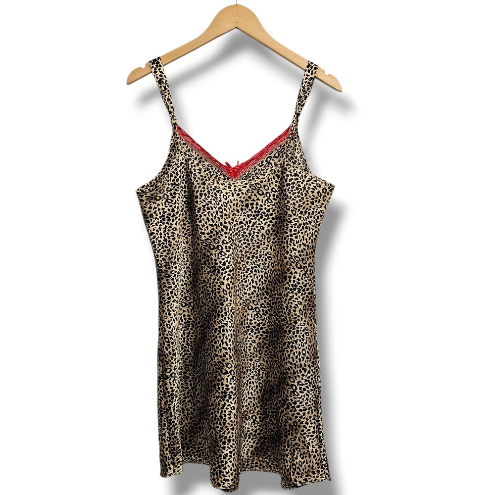 Vintage‎ Y2K Slip Dress XL Tan Leopard Satin Chemise Lace Bow Boudoir Mob Wife